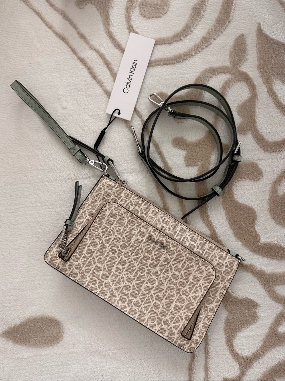 Calvin Klein Signature Monogram Crossbody in Light Beige and Pale Green